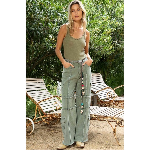 POL Army Green Frayed Edge Utility Jeans Relaxed Fit - Picture 6 of 14